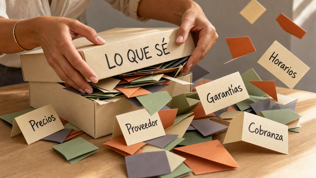Unas manos abren una caja de papel rotulada «Lo que sé» y de ella se desbordan fichas con las palabras Precios, Proveedor, Garantías, Cobranza y Horarios