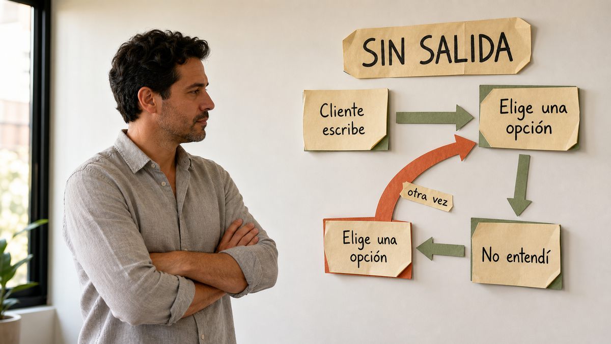 Un hombre observa un diagrama de papel en la pared rotulado «Sin salida», donde las flechas regresan siempre al mismo paso