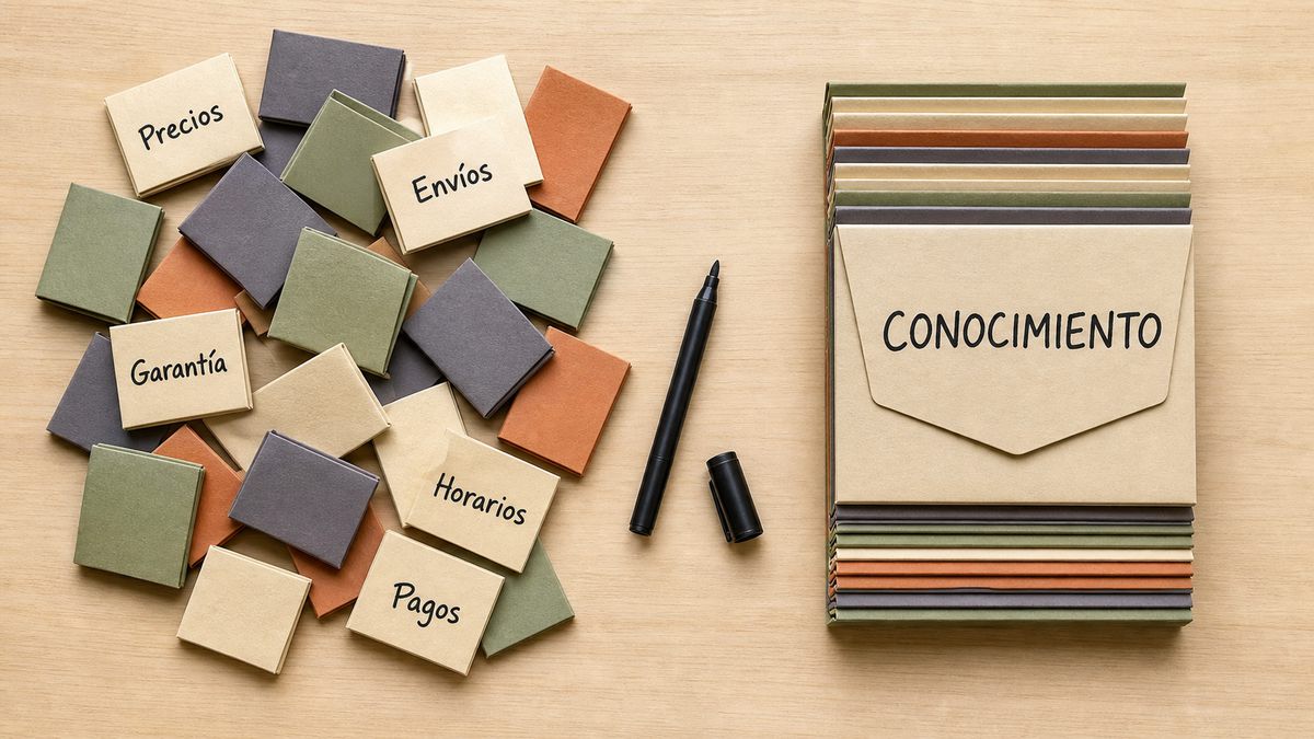 Vista desde arriba de una mesa: a la izquierda fichas de papel regadas con palabras sueltas, a la derecha las mismas ya apiladas bajo una carpeta rotulada «Conocimiento»