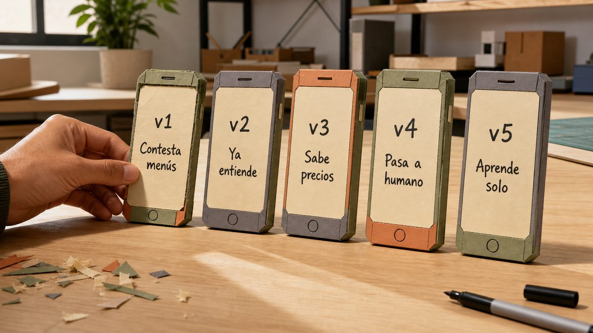 Cinco teléfonos de papel en fila sobre una mesa de taller, de la versión más tosca a la más resuelta, rotulados de v1 a v5