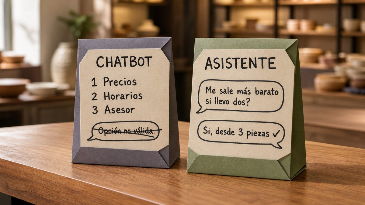 Dos carteles de papel sobre un mostrador: uno con un menú numerado y el mensaje «Opción no válida» tachado, otro con una conversación natural y una palomita