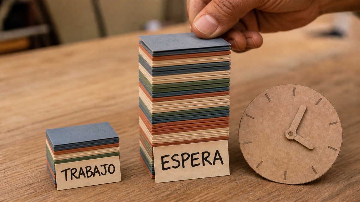 Dos torres de tarjetas de papel sobre una mesa de madera: la rotulada Trabajo es baja y la rotulada Espera es casi el triple de alta, junto a un reloj recortado en cartón