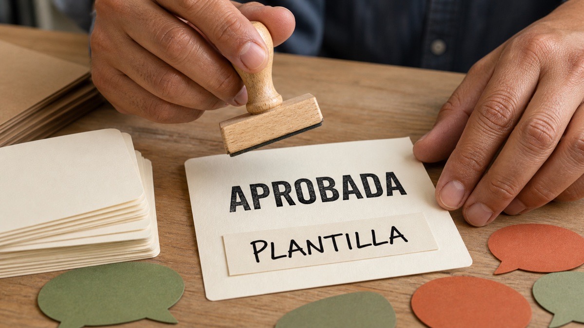 Unas manos estampan el sello Aprobada sobre una tarjeta de papel rotulada Plantilla, rodeada de burbujas de diálogo recortadas en cartulina