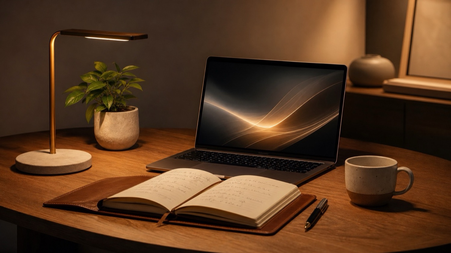 Escritorio de trabajo nocturno con libreta, laptop y notas