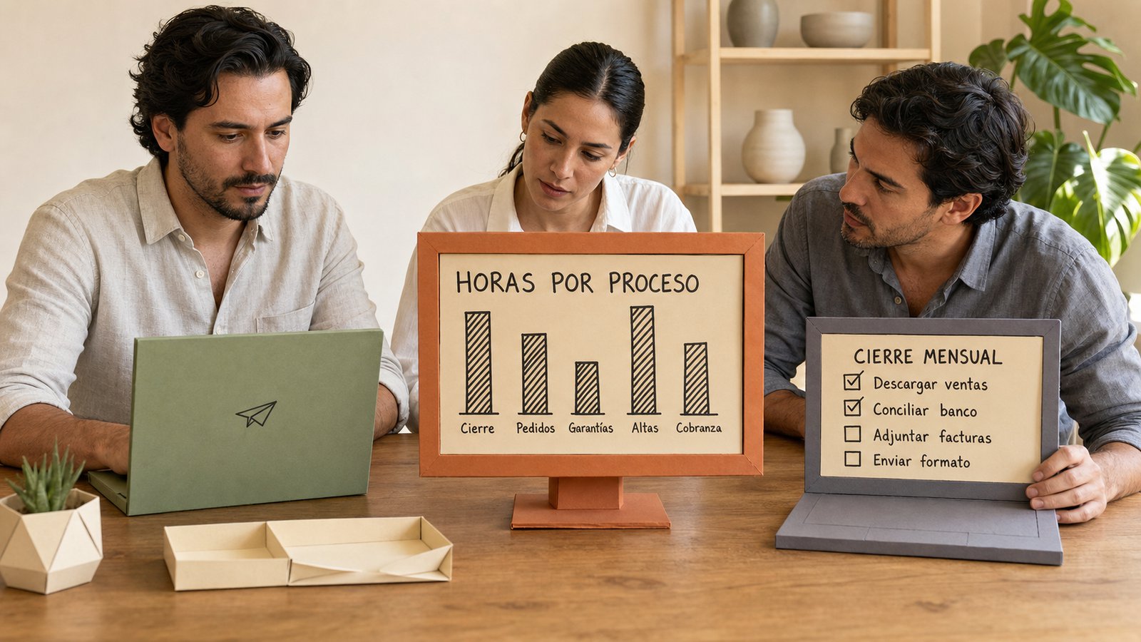 Tres personas alrededor de una mesa con monitores de papel: uno muestra las horas por proceso, otro la lista del cierre mensual